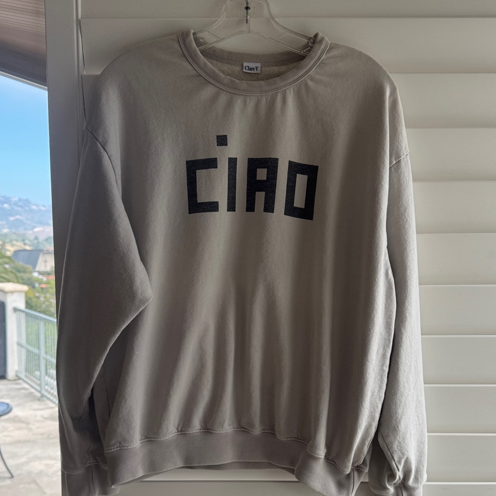 Clare V Beige Gray Crewneck Sweatshirt with Black 'CIAO' Graphic Small